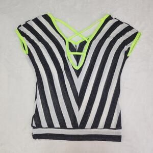 Vintage Y2k Black White Striped Neon Green Dolman Shirt Medium Burnout Club Kid